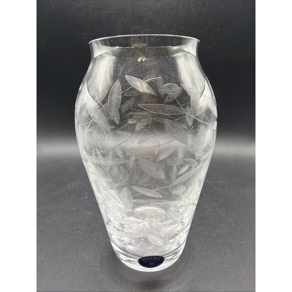 Glass Etched Vase Bohemia Czech Republic Leaf Design 6.5" Elegant Home Decor